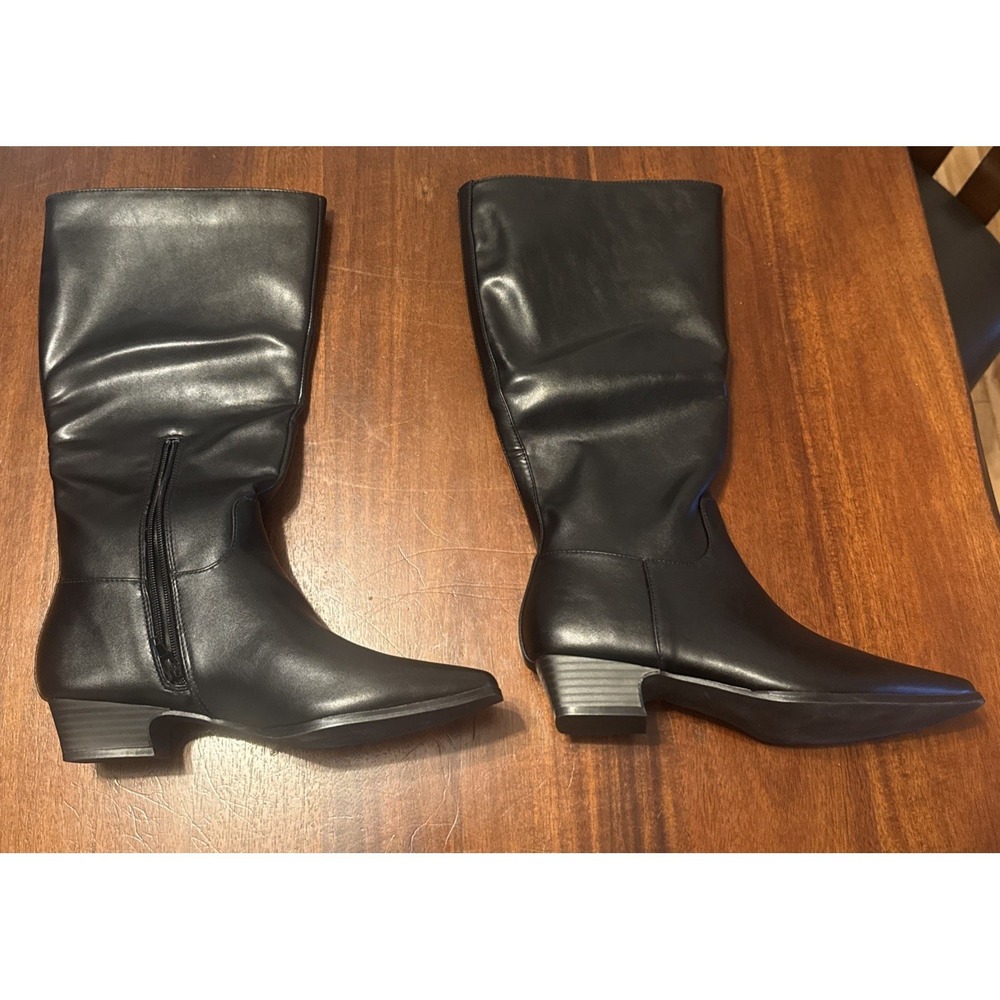 Women's Black Knee High‎ Boots Size 8.5 – Pointed Toe Low Heel Zip Faux Leather